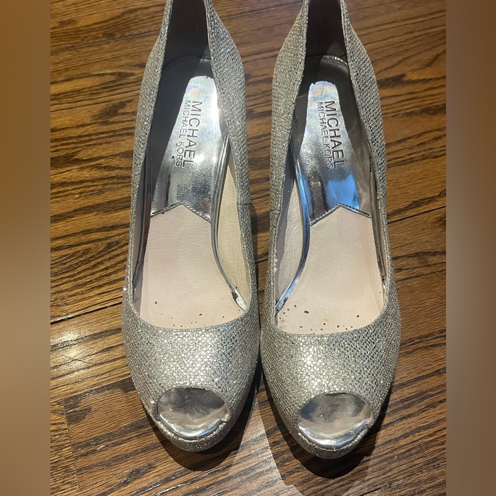 Michael Kors Glittering Silver Peep Toe Heels - Picture 4 of 15